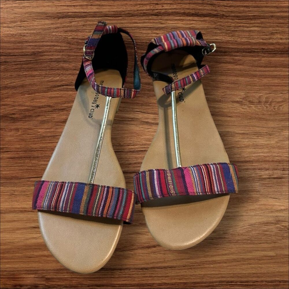 Montego Bay Club Multicolor Striped T-Strap Flat Sandals Size 10